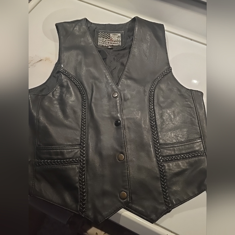 USA Bikers Dream Apparel Women's Size Large Black Leather Braided Grunge Vest!